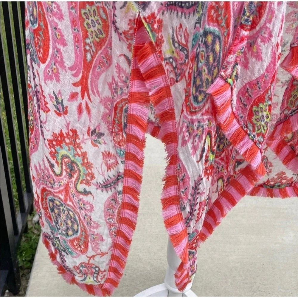 Spartina Linen Blend  Gauze Kimono Duster Cover-Up Fringe One Size Boho Coastal